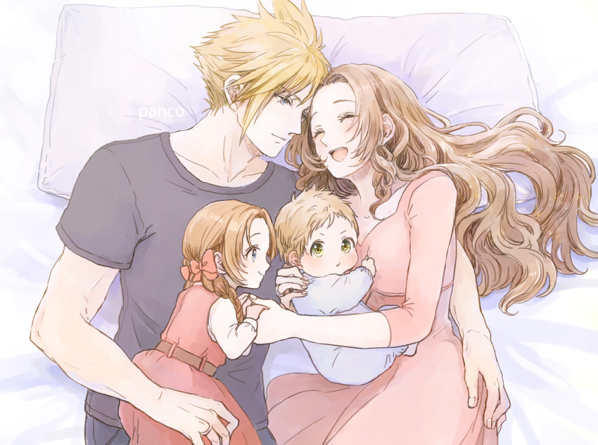 2boys 2girls aerith_gainsborough ancotsubu arm_around_waist bangs belt black_pants blonde_hair blue_eyes blush bow braid breasts brother_and_sister brown_belt brown_hair closed_eyes cloud_strife couple dress father_and_daughter female_child final_fantasy final_fantasy_vii final_fantasy_vii_remake green_eyes grey_shirt hair_between_eyes hetero highres holding_hands if_they_mated long_hair long_sleeves looking_at_another looking_at_viewer male_child medium_breasts mother_and_daughter mother_and_son multiple_boys multiple_girls on_bed open_mouth pants parent_and_child parted_bangs pillow pink_bow pink_dress shirt shirt_under_dress short_hair siblings sidelocks sleeveless sleeveless_dress smile spiked_hair t-shirt twin_braids upper_body wavy_hair white_shirt