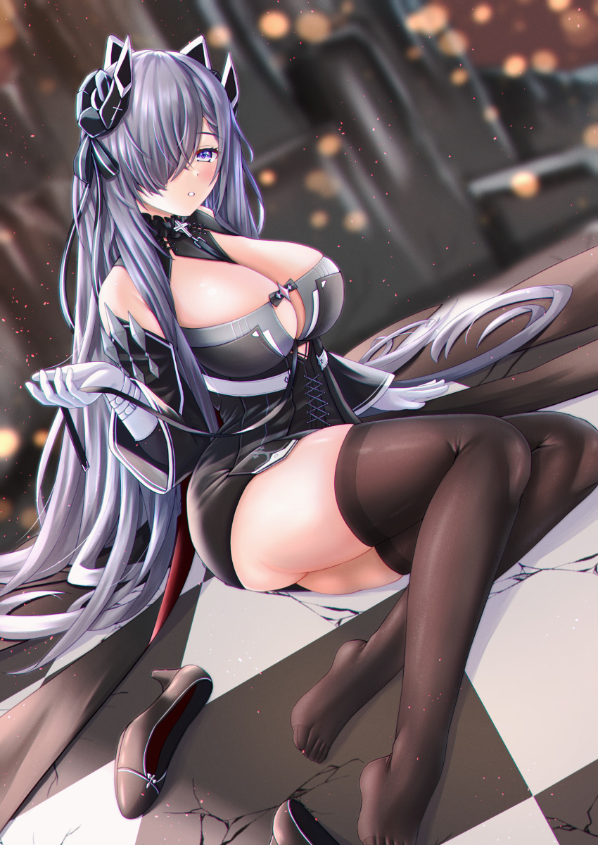 1girl absurdres august_von_parseval_(azur_lane) azur_lane bare_shoulders between_breasts black_dress black_footwear black_ribbon black_sleeves black_thighhighs blurry breasts checkered_floor cleavage clothing_cutout commentary_request cross cross-laced_clothes depth_of_field detached_sleeves dress dutch_angle feet full_body gloves hair_over_one_eye hair_ribbon hand_up high_heels highres horns iron_cross kaidou_nora- large_breasts legs long_hair long_sleeves looking_at_viewer mechanical_horns microdress no_shoes one_eye_covered parted_lips purple_eyes purple_hair ribbon shoes shoes_removed sitting thighhighs thighs tile_floor tiles toes very_long_hair white_gloves yokozuwari