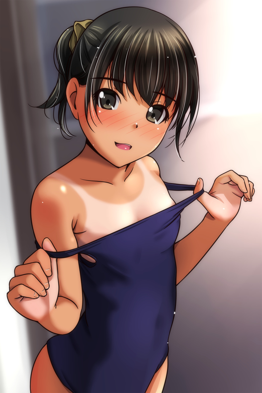 1girl absurdres black_eyes black_hair blue_one-piece_swimsuit breasts clothes_pull cowboy_shot hair_ornament highres looking_at_viewer matsunaga_kouyou one-piece_swimsuit_pull one-piece_tan original ponytail school_swimsuit short_hair small_breasts solo swimsuit tan tanlines