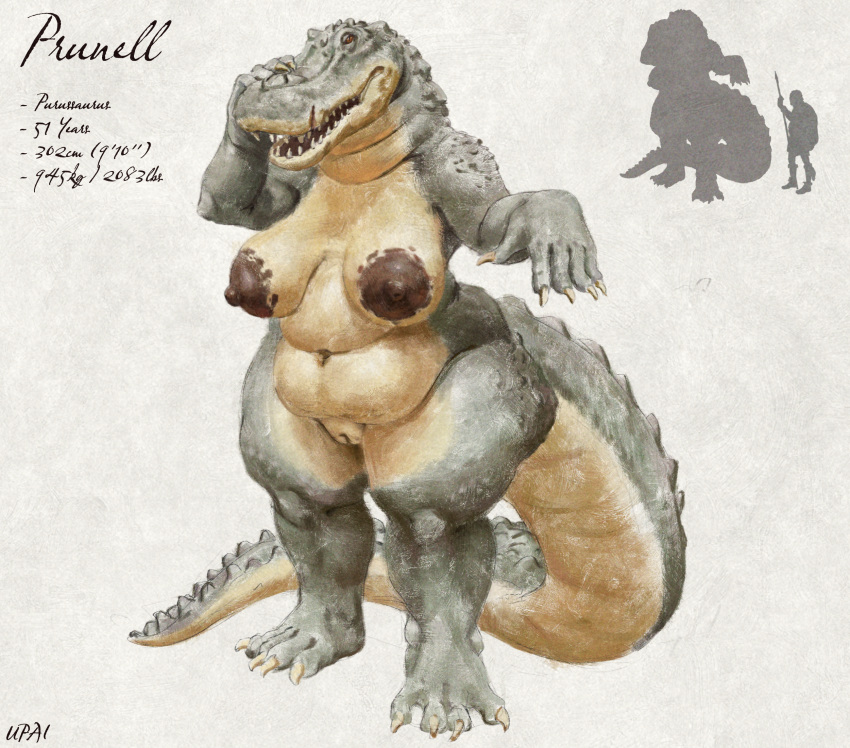 anthro areola belly big_belly brown_areola brown_eyes brown_nipples crocodilian female full-length_portrait genitals green_body hi_res humanoid_genitalia humanoid_pussy navel nipples nude open_mouth overweight overweight_anthro overweight_female portrait pussy reptile scalie sharp_teeth signature simple_background solo standing tan_body tan_breasts tan_pussy teeth upai