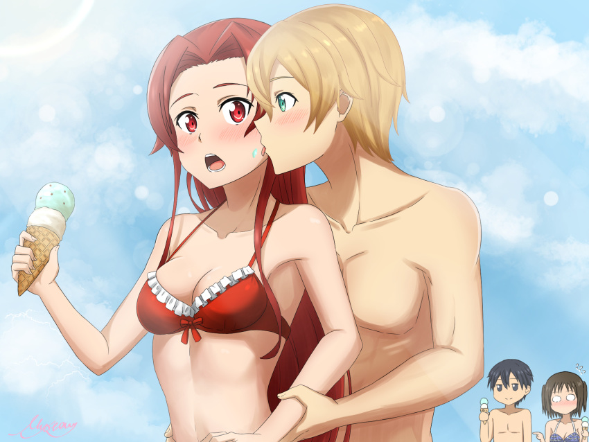 2boys 2girls aqua_eyes bikini black_hair blank_eyes blonde_hair blush closed_mouth cloud collarbone couple day eugeo food frilled_bikini frills hair_intakes halterneck hand_on_another's_hip hetero highres holding holding_food ice_cream kirito lens_flare licking licking_another's_cheek licking_another's_face long_hair multiple_boys multiple_girls mysteryctu navel open_mouth outdoors red_bikini red_eyes red_hair ronye_arabel shiny shiny_hair short_hair signature smile straight_hair swimsuit sword_art_online tiese_schtrinen tongue tongue_out twintails upper_body very_long_hair