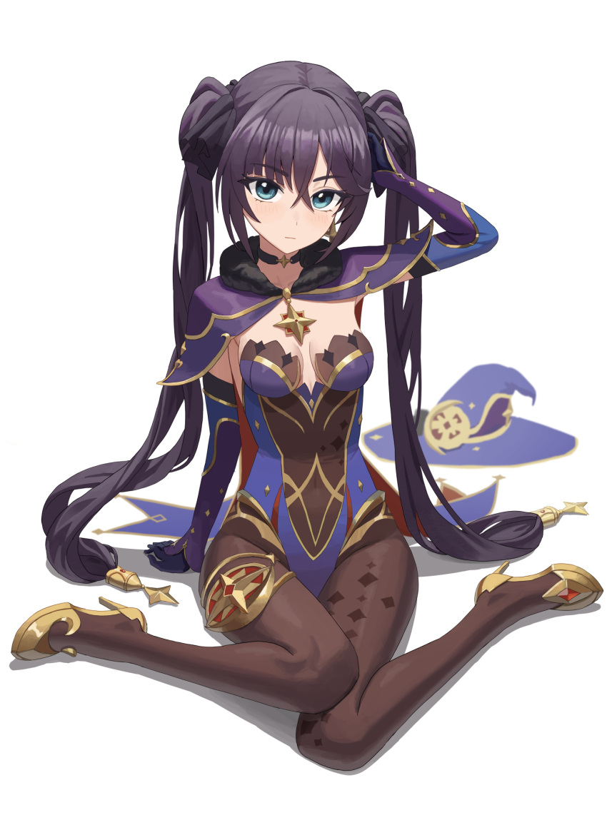 1girl bangs black_bodysuit black_gloves blue_eyes blue_sleeves bodysuit breasts capelet cleavage closed_mouth covered_navel detached_sleeves full_body genshin_impact gloves hair_between_eyes hand_in_own_hair high_heels highres leotard llami_0 long_hair long_sleeves medium_breasts mona_(genshin_impact) multicolored_sleeves purple_capelet purple_hair purple_sleeves shiny shiny_hair sitting solo strapless strapless_leotard twintails very_long_hair wariza white_background