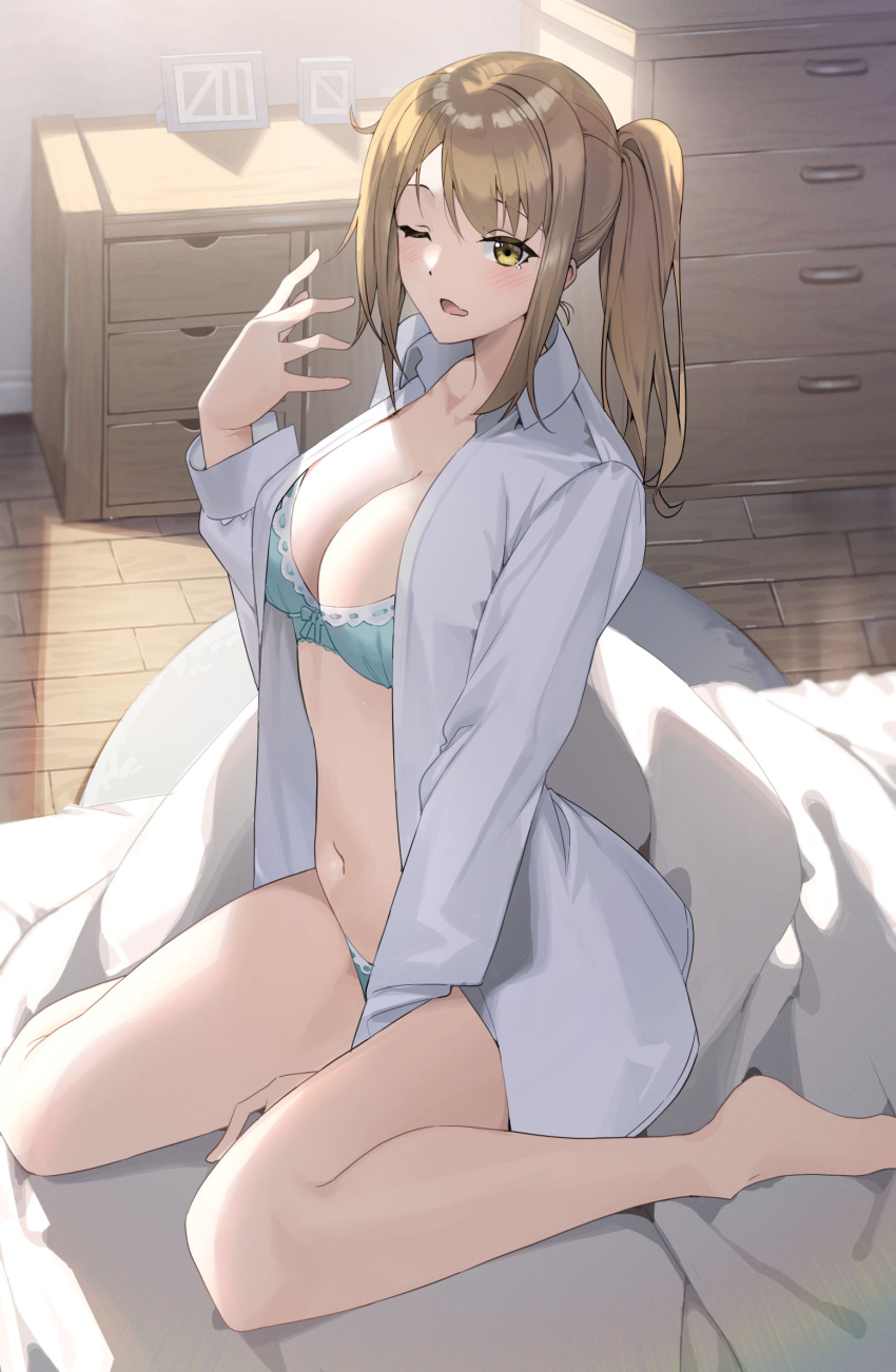 1girl barefoot bed between_legs bra breasts comforter green_eyes hand_between_legs highres large_breasts light_brown_hair lingerie one_eye_closed open_clothes open_mouth open_shirt original oversized_clothes oversized_shirt ponytail raitho shirt sidelocks sitting sleepy solo underwear wariza yawning