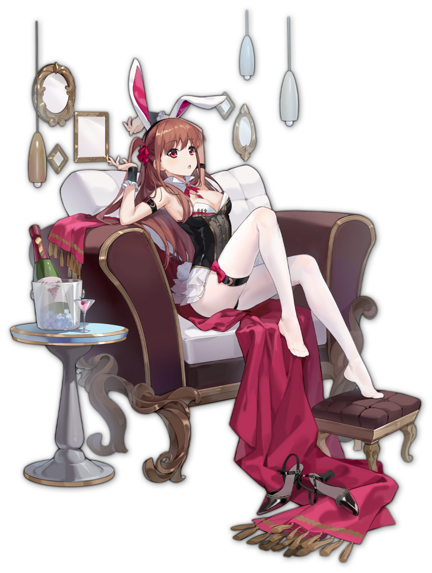 atarashi_ako black_leotard brown_eyes brown_hair couch footstool frills hair_ornament high_heels highres leaning_back leotard looking_at_viewer mahjong_soul official_alternate_costume official_art on_couch pantyhose rabbit_hair_ornament rabbit_tail saki saki_achiga-hen tail