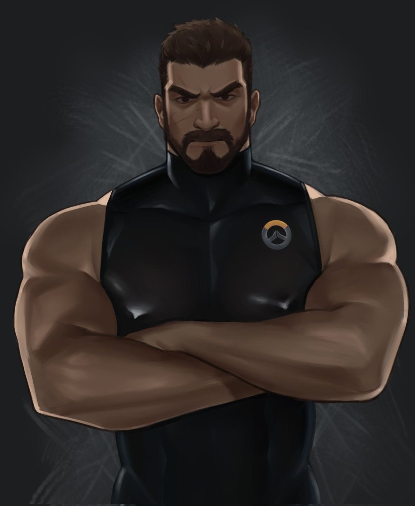 1boy bara bare_shoulders beard black_hair black_shirt covered_nipples crossed_arms dark-skinned_male dark_skin facial_hair gr_goden highres large_pectorals male_focus muscular muscular_male overwatch overwatch_2 pectorals reaper_(overwatch) scar scar_on_cheek scar_on_face shirt short_hair sleeveless solo