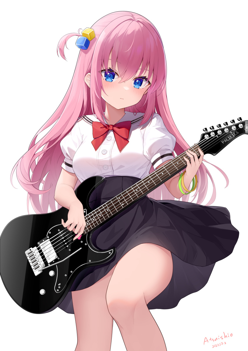 1girl absurdres atsuishio bangs black_skirt blue_eyes bocchi_the_rock! closed_mouth commentary_request cube_hair_ornament day electric_guitar feet_out_of_frame gotou_hitori guitar hair_between_eyes hair_ornament high-waist_skirt highres holding holding_instrument instrument long_hair looking_at_viewer one_side_up pink_hair pleated_skirt plectrum puffy_short_sleeves puffy_sleeves sailor_collar school_uniform serafuku shirt short_sleeves signature simple_background skirt solo very_long_hair white_background white_sailor_collar white_shirt