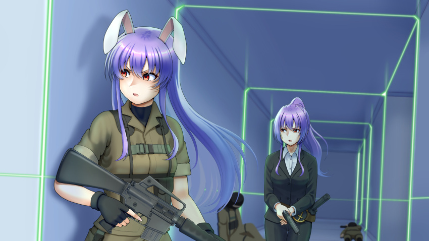 2boys 2girls animal_ears assault_rifle black_gloves black_jacket black_pants black_vest brown_shirt business_suit corpse fingerless_gloves formal gloves gun handgun highres holding holding_weapon jacket long_hair m16 military military_uniform multiple_boys multiple_girls pants purple_hair rabbit_ears red_eyes reisen_udongein_inaba rifle shirt short_sleeves suit tatsu_toyoyo touhou uniform vest watatsuki_no_yorihime weapon white_shirt