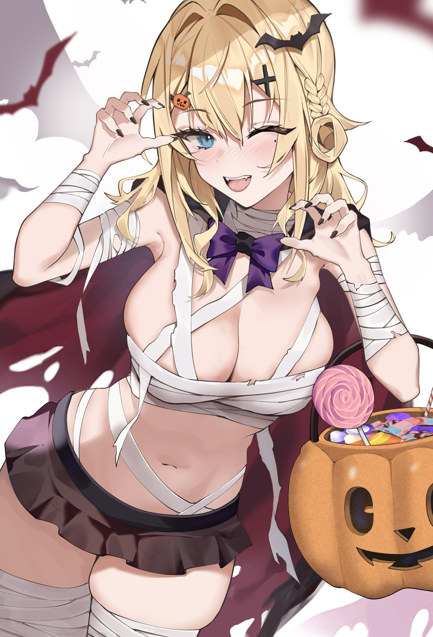 1girl ;d bandaged_arm bandaged_leg bandaged_neck bandages bangs bat_(animal) bat_hair_ornament black_nails blonde_hair blue_eyes blush bow bowtie breasts brown_skirt candy candy_cane cape claw_pose cleavage commentary_request cowboy_shot fang_qiao fangs fingernails food food-themed_hair_ornament hair_between_eyes hair_intakes hair_ornament halloween hands_up highres jack-o'-lantern large_breasts lollipop long_fingernails long_hair loose_bandages microskirt mole mole_under_eye nail_polish navel one_eye_closed open_mouth original pumpkin_hair_ornament purple_bow purple_bowtie red_cape skindentation skirt smile solo teeth torn_cape torn_clothes upper_teeth x_hair_ornament