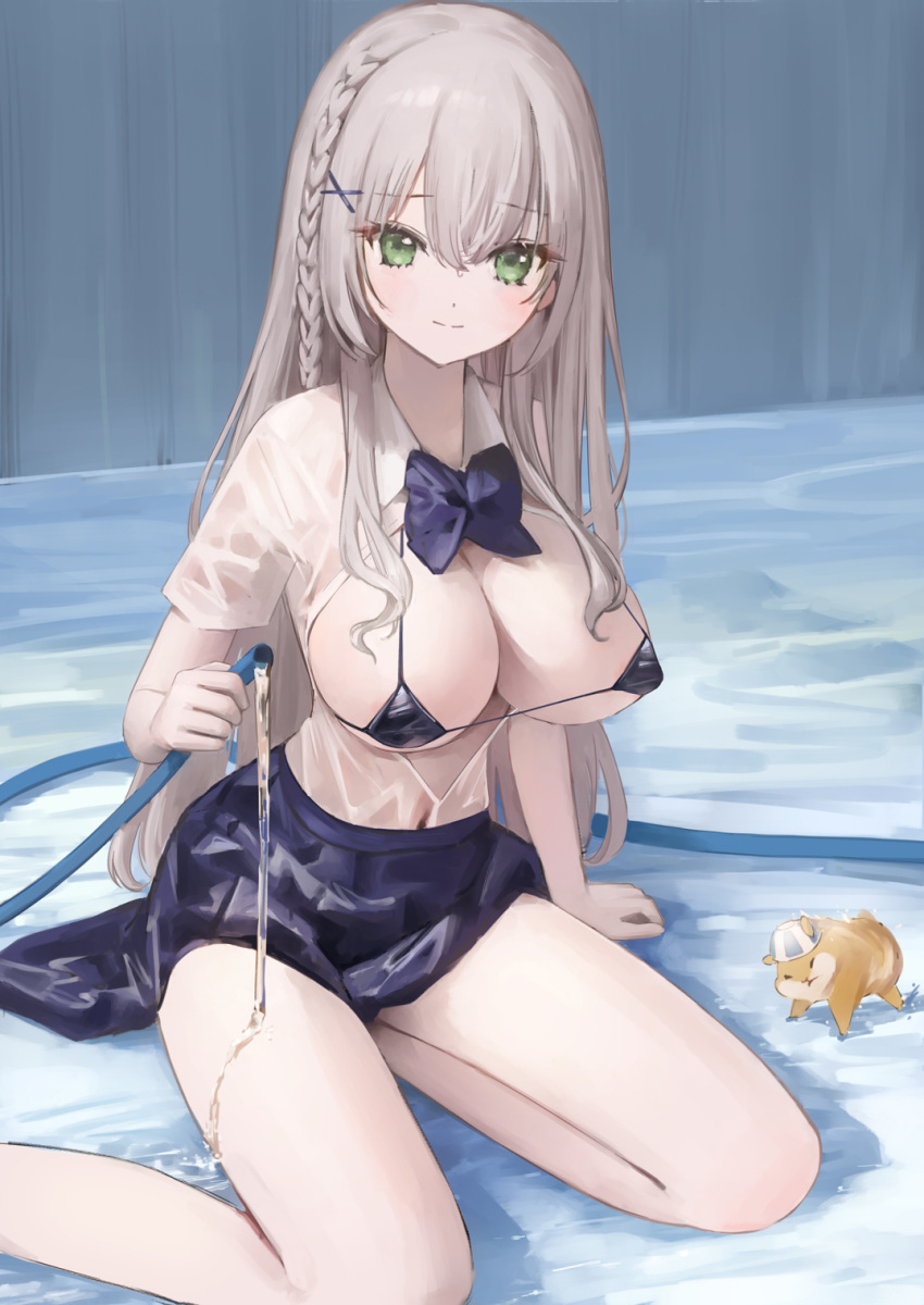 1girl anouetto arm_support bangs bikini bikini_top_only black_bikini black_skirt blue_bow blush bow braid breasts cleavage closed_mouth covered_navel covered_nipples empty_pool french_braid green_eyes grey_hair hair_ornament highres holding holding_hose hololive hose large_breasts long_hair looking_at_viewer micro_bikini pleated_skirt pool school_uniform see-through shirogane_noel shirt sitting skirt smile solo swimsuit virtual_youtuber water wet wet_clothes wet_shirt white_shirt x_hair_ornament yokozuwari