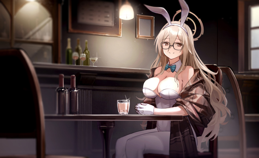 1girl akane_(blue_archive) akane_(bunny)_(blue_archive) alcohol animal_ears aqua_bow aqua_bowtie bar_(place) bare_shoulders blue_archive blurry bottle bow bowtie breasts brown_eyes brown_hair cleavage cocktail_glass cup depth_of_field detached_collar drinking_glass fake_animal_ears glass glasses gloves hair_between_eyes halo highres large_breasts leotard light long_hair pantyhose picture_frame plaid_shawl playboy_bunny qumai79 shawl sitting smile solo table white_gloves white_leotard white_pantyhose wine_bottle wine_glass