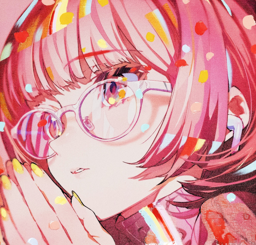 1girl bangs close-up highres lips looking_to_the_side mika_pikazo open_mouth original own_hands_together parted_lips pink-framed_eyewear pink_eyes pink_hair pink_sweater ribbed_sweater solo sweater turtleneck wireless_earphones yellow_nails