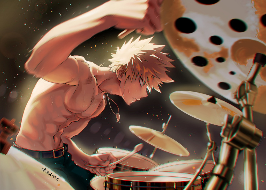 1boy abs artist_name bakugou_katsuki belt blonde_hair bloom blurry blurry_foreground bokeh boku_no_hero_academia chromatic_aberration circle_name concentrating cymbals depth_of_field diffraction_spikes drum drum_set drumsticks foreshortening from_side green_pants instrument jewelry leaning_forward magatama magatama_necklace male_focus milmil_(wa_ten'nendesu) motion_blur music necklace no_nipples pants parted_lips playing_instrument profile sidelighting sitting solo sweat toned toned_male topless_male upper_body yellow_theme