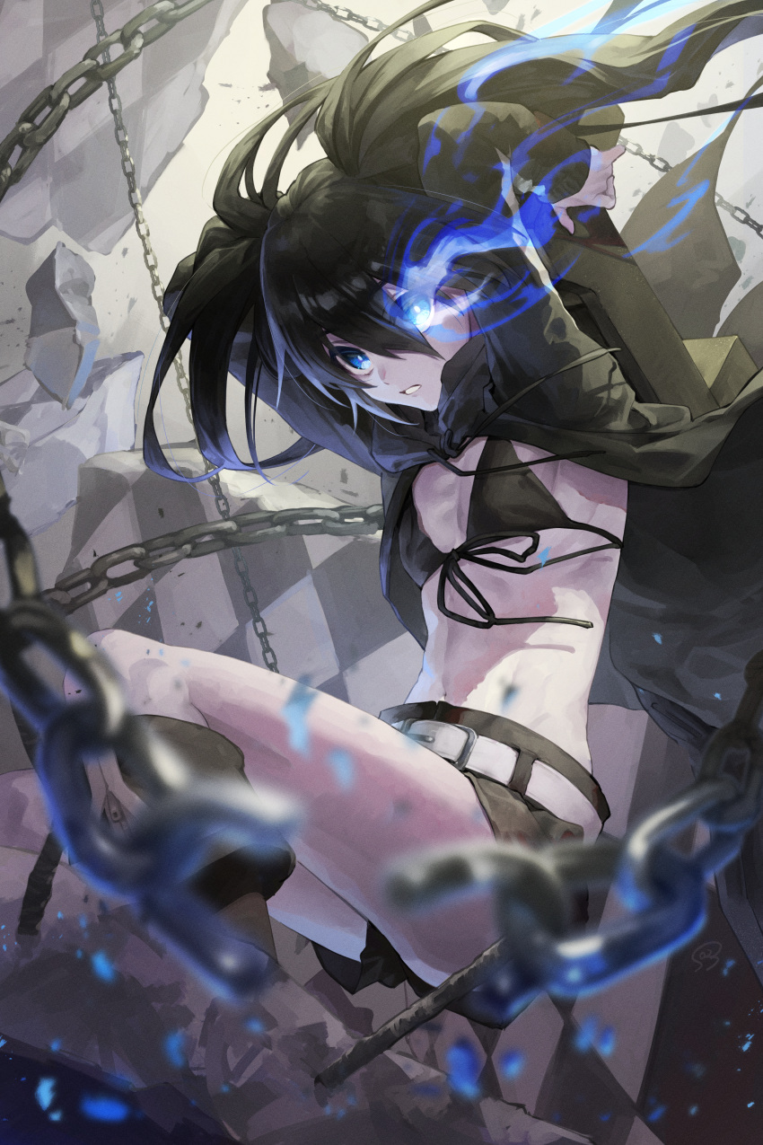 1girl absurdres belt belt_buckle bikini bikini_top_only black_bikini black_footwear black_hair black_jacket black_rock_shooter black_rock_shooter_(character) black_shorts blue_eyes blurry blurry_foreground boots bossan_3310 buckle chain flaming_eye flat_chest floating_hair front-tie_bikini_top front-tie_top hair_between_eyes highres jacket knee_boots long_hair long_sleeves open_clothes open_jacket shiny shiny_hair short_shorts shorts solo swimsuit twintails white_belt