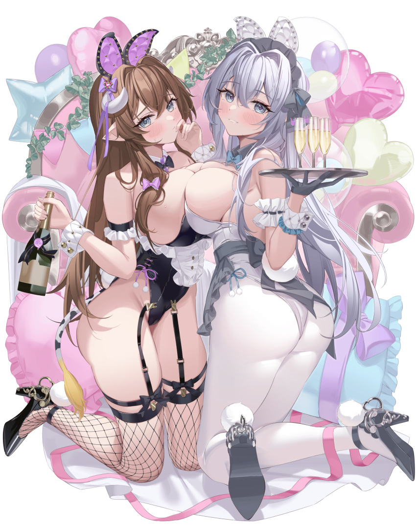 2girls absurdres animal_ears asymmetrical_docking balloon bangs black_footwear black_leotard blush bottle bow bowtie breast_press breasts brown_hair closed_mouth cow_horns cow_tail cup detached_collar drinking_glass fake_animal_ears fishnet_thighhighs fishnets frilled_pillow frills full_body garter_straps grey_hair hair_between_eyes heart_balloon high_heels highres holding holding_bottle holding_tray horns huge_breasts large_breasts leotard long_hair looking_at_viewer maid_headdress multiple_girls original pantyhose parted_lips pillow playboy_bunny pom_pom_(clothes) rabbit_ears sg_(satoumogumogu) sleeves_past_wrists strapless strapless_leotard tail thighhighs traditional_bowtie tray very_long_hair white_leotard white_pantyhose