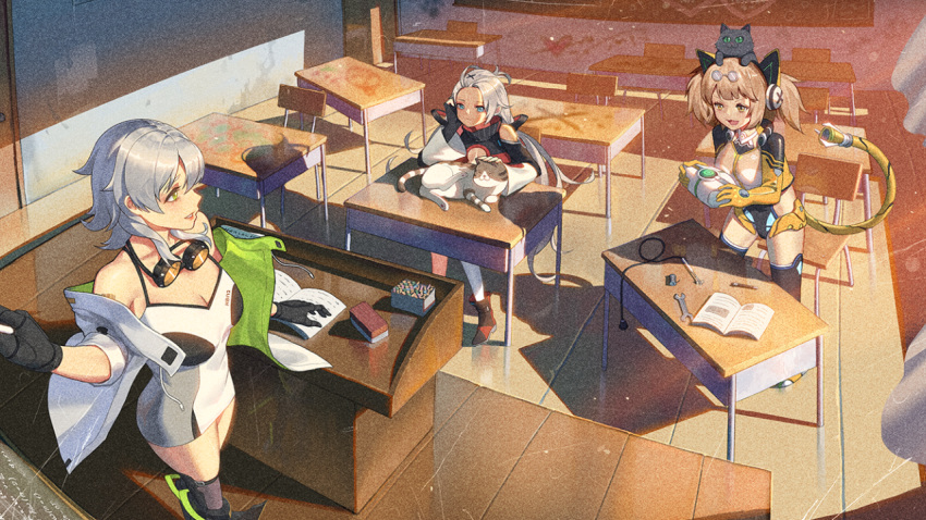3girls board_eraser cable cat cat_ear_hairband chalk classroom cloak code:seed_a_song_of_spark curtains einstein_(code:seed) goggles graffiti mechanical_parts mechanical_tail multiple_girls newton_(code:seed) non-web_source notebook official_art petting ruins schrodinger_(code:seed) shadow smile tail wrench