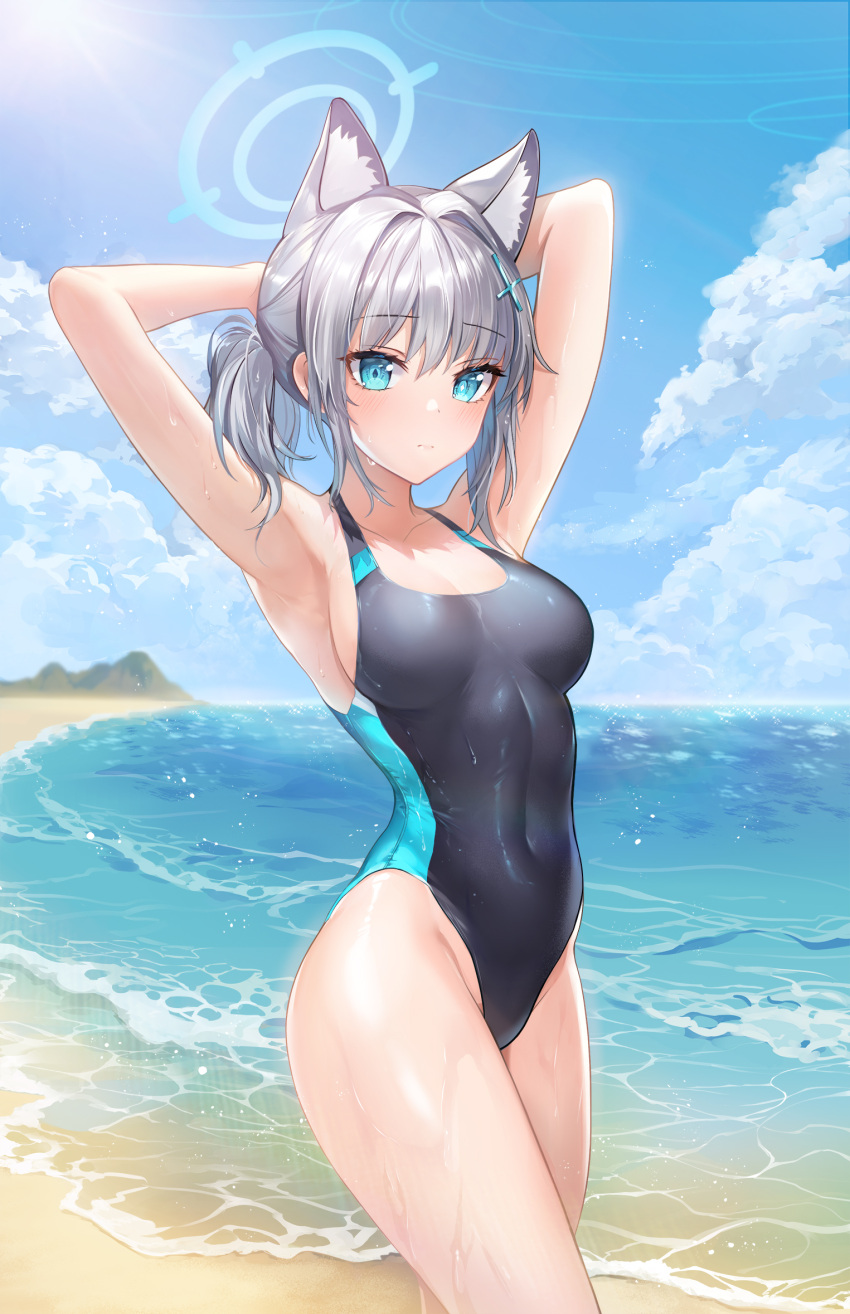 1girl animal_ear_fluff animal_ears armpits arms_behind_head arms_up bare_arms bare_shoulders beach black_one-piece_swimsuit blue_archive blue_eyes blue_sky blush breasts bright_pupils closed_mouth cloud competition_swimsuit covered_navel cowboy_shot cross_hair_ornament day extra_ears foka_(beginner) grey_hair groin hair_ornament halo highleg highleg_swimsuit highres looking_at_viewer medium_breasts medium_hair mismatched_pupils ocean official_alternate_costume one-piece_swimsuit outdoors ponytail sand shiroko_(blue_archive) shiroko_(swimsuit)_(blue_archive) side_ponytail sideboob sidelocks sky solo swimsuit taut_clothes taut_swimsuit thighs two-tone_swimsuit wet wet_clothes wet_swimsuit white_pupils