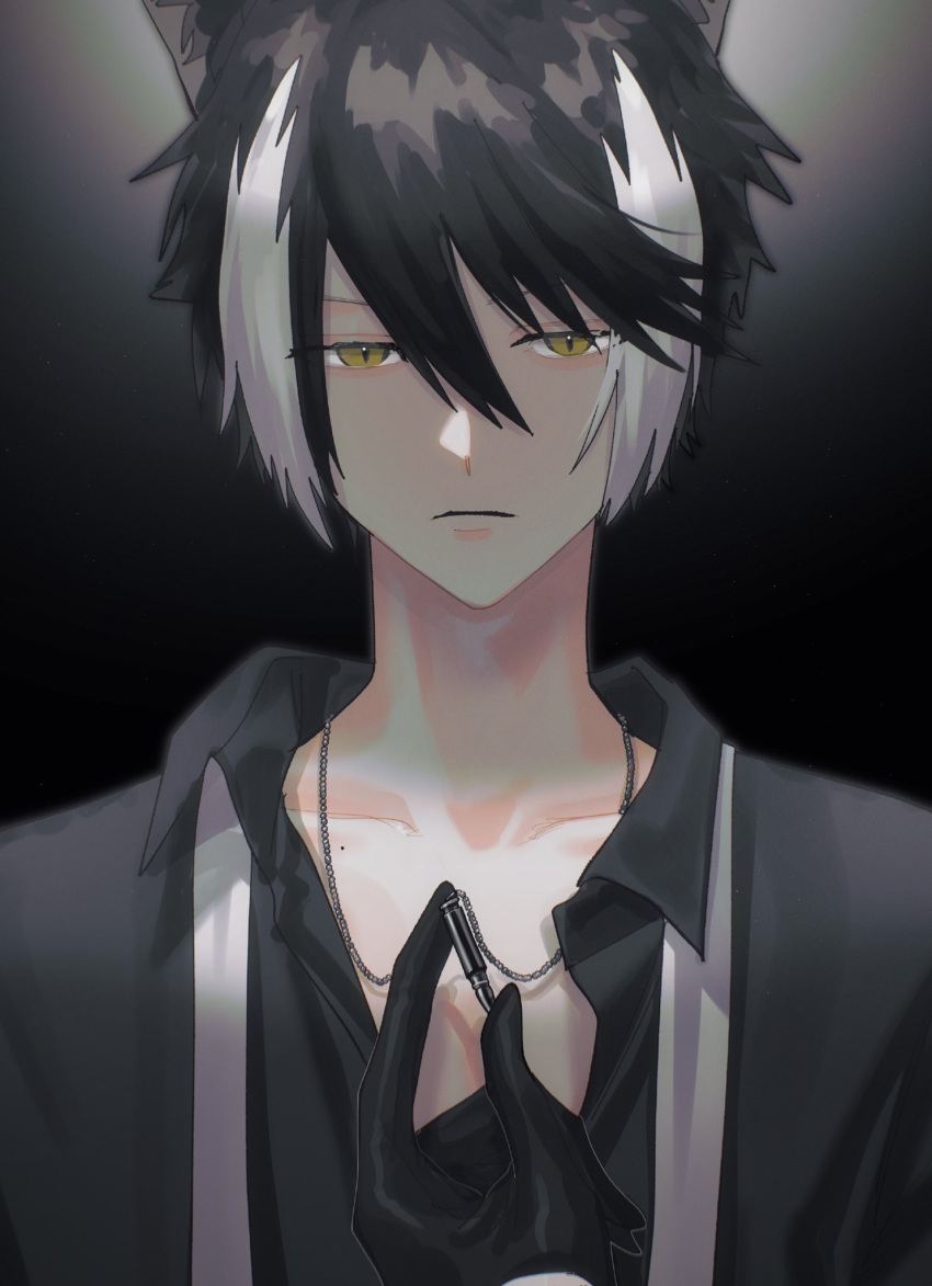 1boy animal_ears black_background black_gloves black_hair black_shirt bullet bullet_necklace chain_necklace closed_mouth collarbone collared_shirt gloves hair_between_eyes half_gloves highres holding holding_bullet holostars jackal_boy jackal_ears jewelry kageyama_shien looking_at_viewer male_focus mole mole_on_collarbone momiage_40 multicolored_hair necklace necktie open_collar shirt short_hair solo two-tone_hair undone_necktie upper_body virtual_youtuber white_hair white_necktie yellow_eyes
