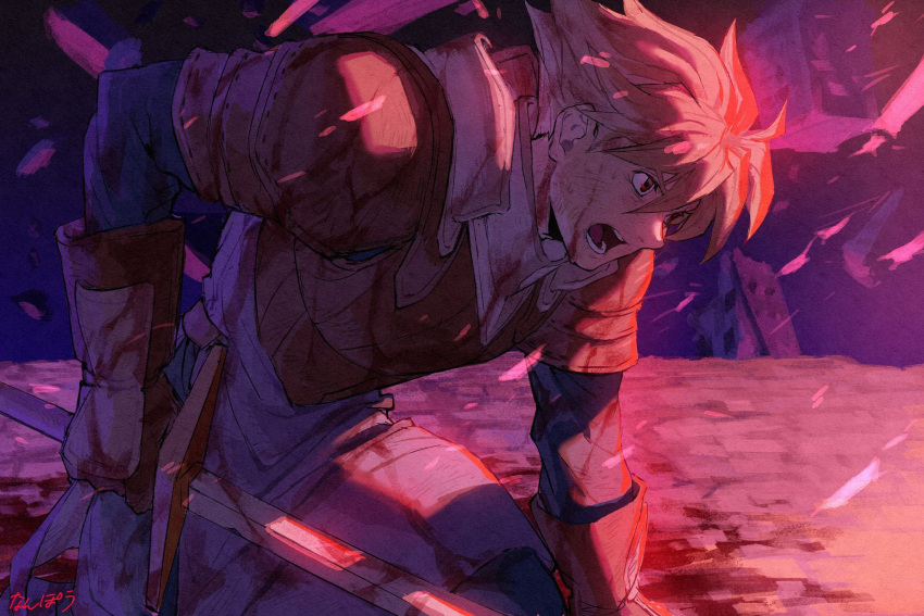 1boy armor artist_name blonde_hair blood blood_on_clothes blood_on_face blood_on_hands blood_on_weapon brown_eyes brown_gloves gloves hair_between_eyes highres holding holding_sword holding_weapon kneeling leather_armor live_a_live long_sleeves lower_teeth male_focus nanpou_(nanpou0021) oersted open_mouth outdoors short_hair shoulder_armor solo sword teeth upper_teeth weapon