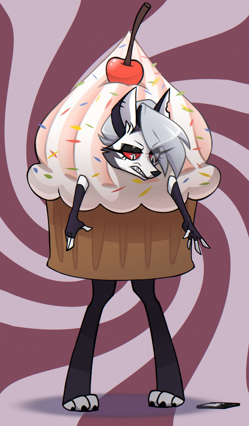 absurd_res anthro canid canid_demon clothing costume cupcake cupcake_costume demon female food food_costume hax_(artist) hellhound helluva_boss hi_res kenket kigtoons lofi loona_(helluva_boss) mammal phone solo