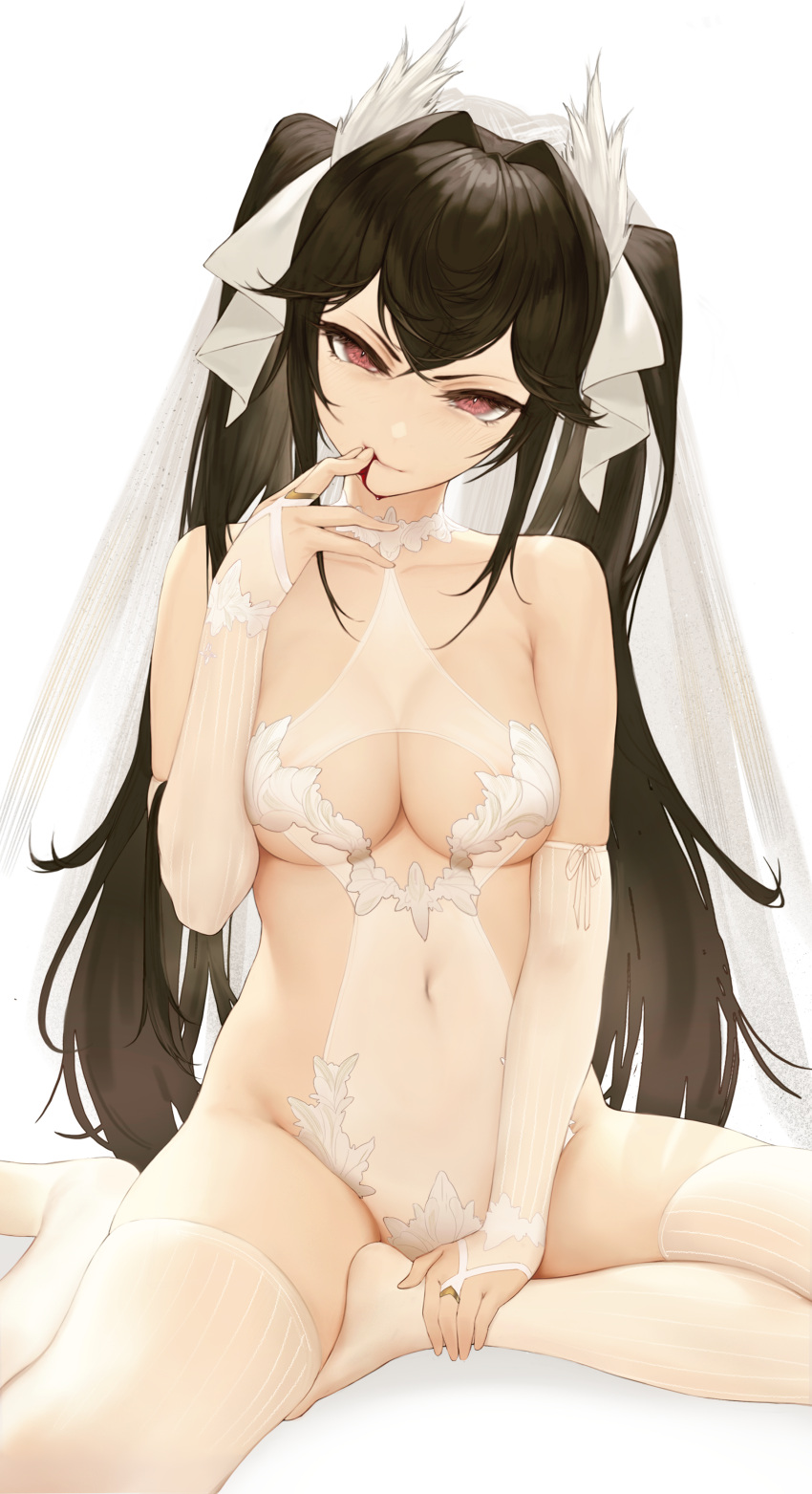 1girl absurdres bangs bare_shoulders black_hair blood blood_from_mouth breasts bridal_gauntlets cleavage covered_navel hair_intakes hair_ribbon hand_to_own_mouth head_tilt highres l_ract leotard long_hair looking_at_viewer medium_breasts no_shoes original pink_eyes ribbon see-through sitting solo thighhighs twintails v-shaped_eyebrows very_long_hair white_leotard white_ribbon white_thighhighs