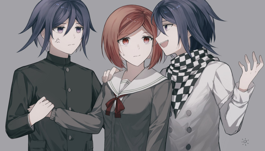 1girl 2boys :d anger_vein bangs black_hair black_jacket buttons closed_mouth danganronpa_(series) danganronpa_v3:_killing_harmony double-breasted dual_persona grey_background hair_between_eyes hand_on_another's_shoulder hand_up highres holding_hands jacket looking_at_another multiple_boys neck_ribbon official_alternate_costume ouma_kokichi red_eyes red_hair red_ribbon ribbon sailor_collar shiny shiny_hair short_hair simple_background smile teeth upper_teeth white_sailor_collar yumeno_himiko yuqing_fool