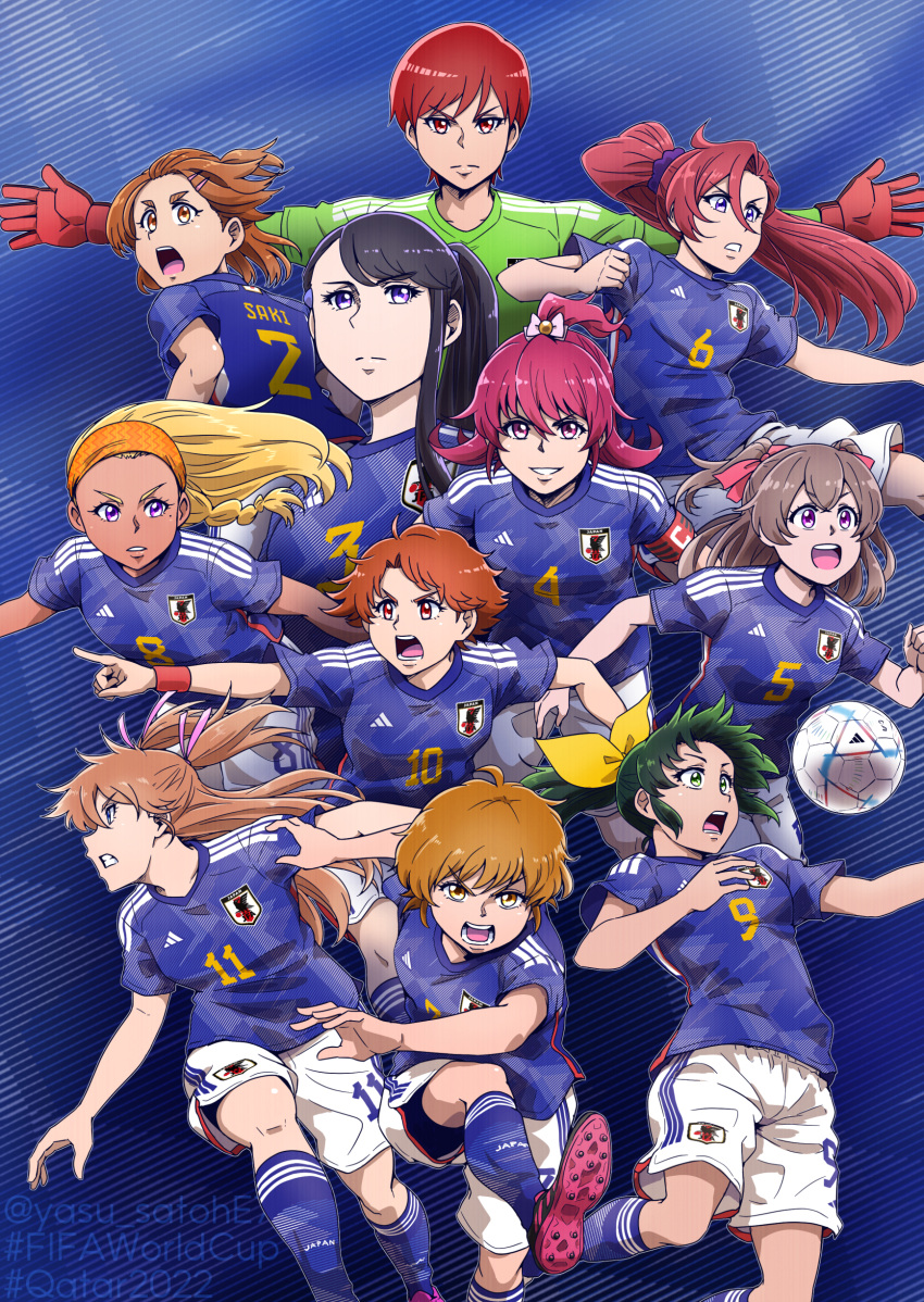 2022_fifa_world_cup 6+girls absurdres aida_mana amamiya_elena ball black_footwear black_hair blonde_hair blue_shirt blue_socks brown_eyes brown_hair cleats closed_mouth commentary_request dark-skinned_female dark_skin delicious_party_precure dokidoki!_precure english_commentary frown futari_wa_precure futari_wa_precure_splash_star gloves green_hair grimace grin hair_ornament hair_ribbon hair_scrunchie hairband hairclip heartcatch_precure! highres houjou_hibiki hyuuga_saki kenjou_akira kicking long_hair looking_at_viewer looking_to_the_side medium_hair midorikawa_nao misumi_nagisa mixed-language_commentary multiple_girls nagomi_yui natsuki_rin one_side_up open_mouth orange_hair orange_hairband outstretched_arms pink_ribbon pointing ponytail precure precure_all_stars purple_eyes purple_scrunchie red_eyes red_gloves red_hair ribbon satou_yasu scrunchie series_connection shirt short_hair short_sleeves shorts side_ponytail smile smile_precure! soccer soccer_ball soccer_uniform socks sportswear spread_arms standing star_twinkle_precure suite_precure t-shirt takizawa_asuka tropical-rouge!_precure tsukikage_yuri twitter_username two_side_up white_shorts world_cup wristband yellow_ribbon yes!_precure_5