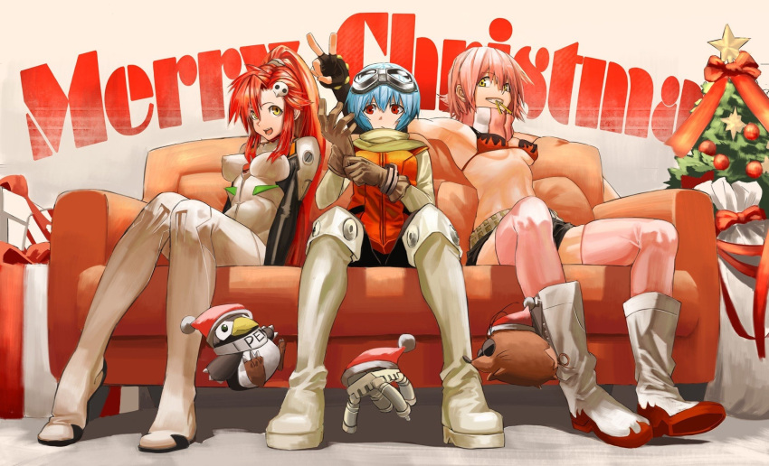3girls angel_(evangelion) artist_request ayanami_rei bird bodysuit boota_(ttgl) boots breasts christmas christmas_tree cleavage company_connection cosplay costume_switch covered_navel covered_nipples crossover flcl gainax haruhara_haruko hat headgear highres impossible_clothes interface_headset long_hair medium_breasts merry_christmas multiple_girls navel neon_genesis_evangelion non-web_source penguin penpen pilot_suit plugsuit red_headwear sachiel santa_hat science_fiction short_shorts shorts sitting skindentation source_request tengen_toppa_gurren_lagann thigh_boots thighhighs thighs underboob white_bodysuit white_footwear yoko_littner