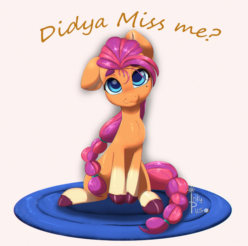 beauty_mark blue_eyes braided_hair braided_tail earth_pony equid equine eyebrows female feral hair hasbro hooves horse inkypuso mammal mlp_g5 multicolored_hair my_little_pony orange_body pink_hair pink_tail pony purple_hooves signature smile solo sunny_starscout_(mlp) thick_eyebrows two_tone_hair two_tone_tail