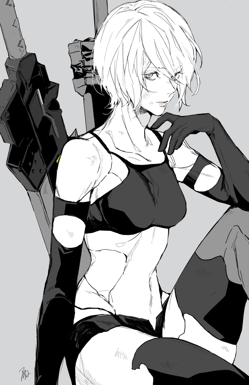 1girl absurdres bare_shoulders black_gloves black_shirt black_shorts black_thighhighs breasts collarbone cowboy_shot crop_top elbow_gloves gloves grey_background greyscale hair_over_one_eye hand_on_own_face highres looking_at_viewer medium_breasts midriff monochrome nier_(series) nier_automata nishiii26miii shirt short_hair short_shorts shorts sitting solo thighhighs weapon weapon_on_back yorha_type_a_no._2