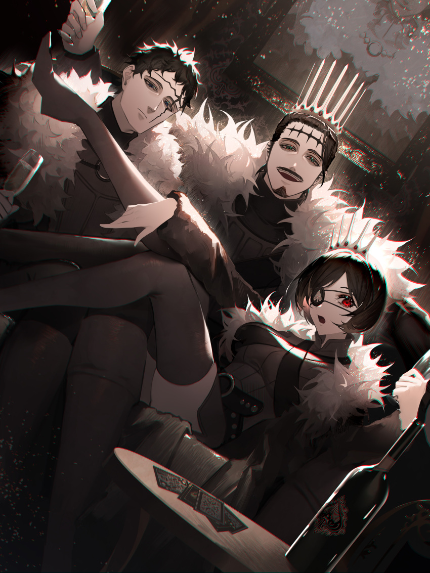 1girl 2boys absurdres black_clover black_hair blue_eyes cape coat crown dante_zogratis eyepatch facial_hair facial_mark forehead_mark frit_2 fur-trimmed_cape fur-trimmed_coat fur_trim goatee highres looking_at_viewer multiple_boys mustache red_eyes siblings spade_(shape) vanica_zogratis zenon_zogratis