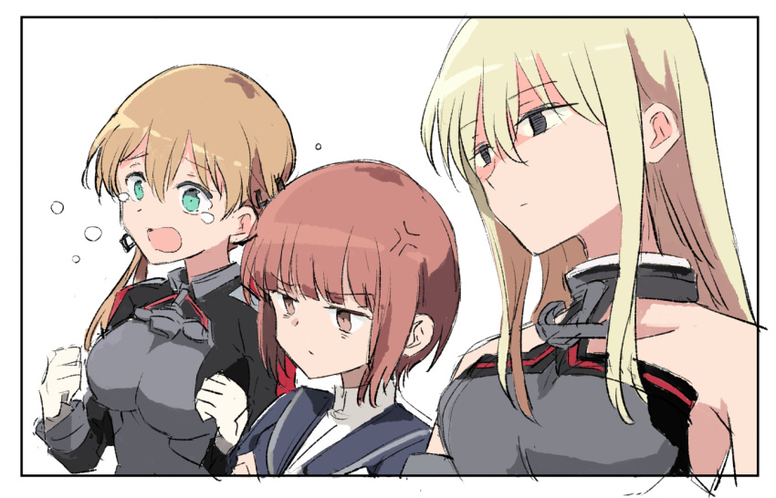 2022_fifa_world_cup 3girls anger_vein bangs bismarck_(kancolle) blonde_hair blue_sailor_collar blunt_bangs breasts brown_eyes brown_hair clenched_hands closed_mouth crying empty_eyes gloves hair_between_eyes kantai_collection large_breasts light_brown_hair long_hair multiple_girls open_mouth prinz_eugen_(kancolle) sailor_collar short_hair simple_background takamachiya tears twintails upper_body white_background white_gloves world_cup z3_max_schultz_(kancolle)