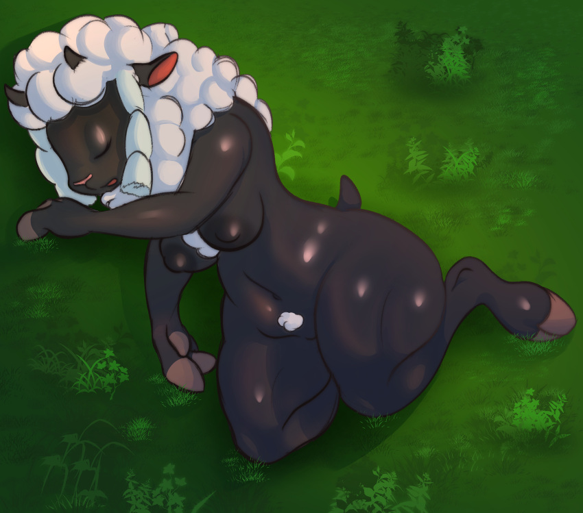 2022 absurd_res anthro anthrofied black_body bovid breasts caprine curvy_figure female fingers fur generation_8_pokemon grass hi_res hooved_fingers hooves horn laying_on_ground mammal nintendo nipples nude plant pokemon pokemon_(species) short_tail simple_background sleeping slightly_chubby solo thick_thighs tuft video_games wide_hips wisty wool_(fur) wooloo