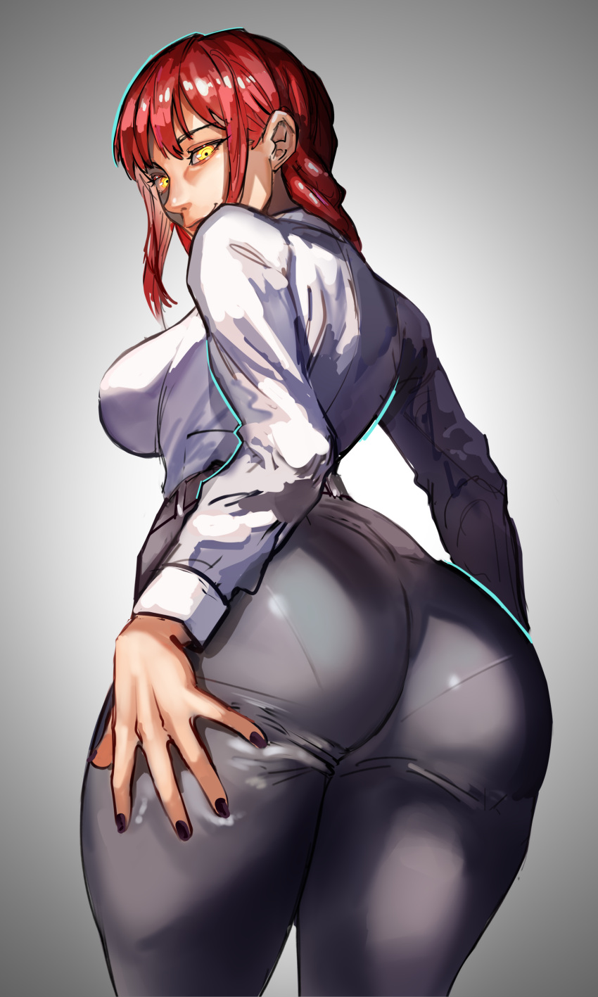 1girl absurdres ass ass_focus bangs black_nails black_pants blue_panties braid braided_ponytail breasts business_suit chainsaw_man curvy evil_grin evil_smile formal from_behind grabbing_own_thigh grin high-waist_pants highres large_breasts long_hair looking_at_viewer looking_back makima_(chainsaw_man) narrow_waist panties pants red_hair ribosoma_42 ringed_eyes shirt_tucked_in smile solo suit thick_thighs thighs underwear wide_hips yellow_eyes