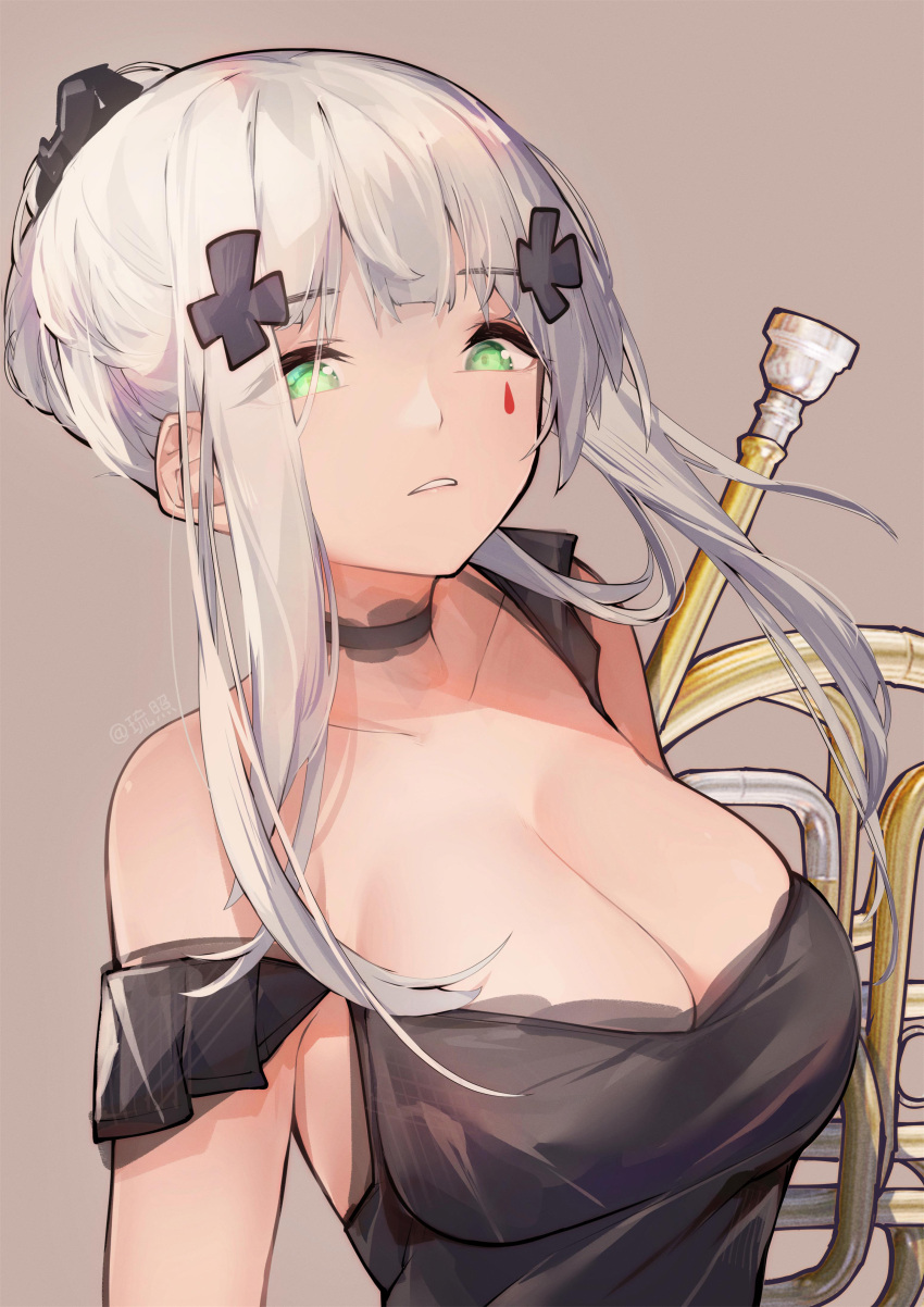 1girl 416_day absurdres artist_name bangs bare_shoulders black_choker black_shirt blunt_bangs breasts brown_background chinese_commentary choker cleavage commentary_request facial_mark french_horn girls'_frontline green_eyes hair_ornament highres hk416_(girls'_frontline) instrument large_breasts liu_zhao long_hair looking_at_viewer parted_lips shirt sidelocks simple_background teardrop teardrop_facial_mark teardrop_tattoo teeth white_hair
