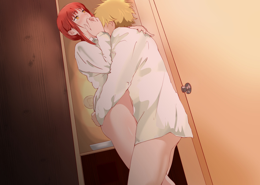 1boy 1girl absurdres blonde_hair blush bottomless chainsaw_man denji_(chainsaw_man) highres iamkiki69 long_hair makima_(chainsaw_man) orange_eyes red_hair sex shirt short_hair standing standing_sex white_shirt