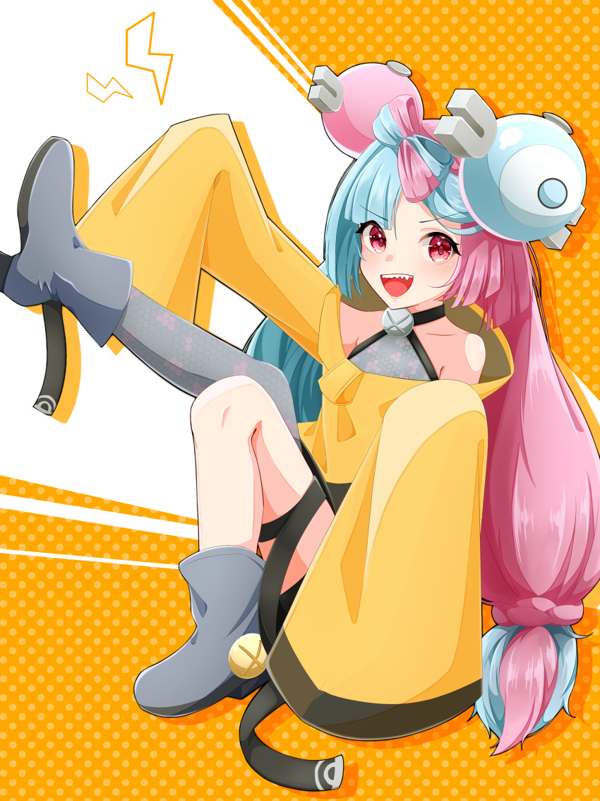 1girl :d absurdres bangs boots character_hair_ornament commentary_request eyelashes from_side full_body grey_footwear grey_pantyhose grey_shirt hair_ornament highres iono_(pokemon) jacket long_hair looking_at_viewer multicolored_hair nagi_clip open_mouth pantyhose pink_hair pokemon pokemon_(game) pokemon_sv red_eyes sharp_teeth shirt single_leg_pantyhose sleeveless sleeveless_shirt sleeves_past_fingers sleeves_past_wrists smile solo teeth thigh_strap two-tone_hair upper_teeth yellow_jacket