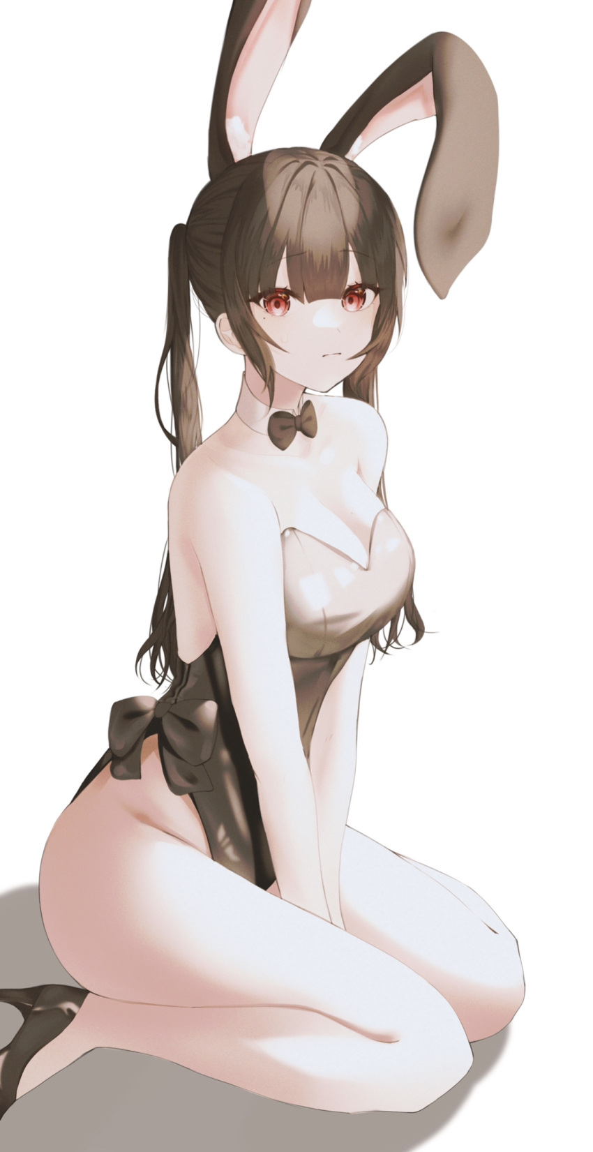 1girl animal_ears bangs bare_shoulders between_legs black_bow black_bowtie black_footwear black_hair black_leotard blunt_bangs bow bowtie breasts cleavage closed_mouth collar commentary detached_collar fake_animal_ears hand_between_legs high_heels highres large_breasts leotard long_hair looking_at_viewer mole mole_under_eye original playboy_bunny rabbit_ears red_eyes sidelocks simple_background sitting solo strapless strapless_leotard symbol-only_commentary twintails wariza white_background white_collar yuje_kr