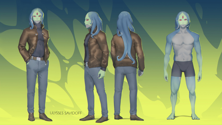 absurd_res bottomwear boxers_(clothing) clothing denim denim_clothing hi_res humanoid hylotl jacket jeans male model_sheet okata pants pseudo_hair solo standing starbound tentacle_hair tentacles topwear underwear video_games