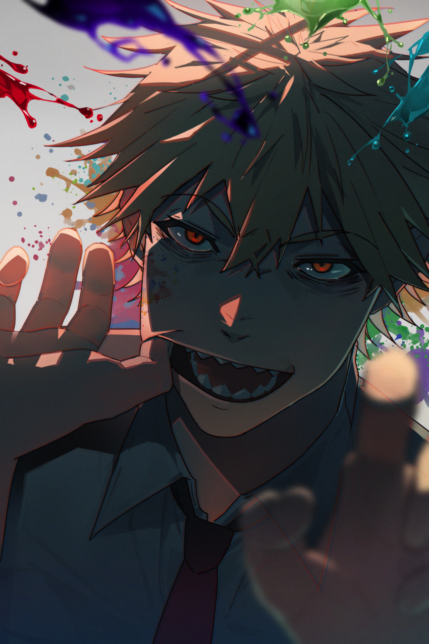 1boy black_necktie blonde_hair blood blood_on_face chainsaw_man collared_shirt denji_(chainsaw_man) finger_in_own_mouth highres looking_at_viewer necktie orange_eyes pig_ggul shadow sharp_teeth shirt short_hair simple_background solo spiked_hair teeth white_background white_shirt