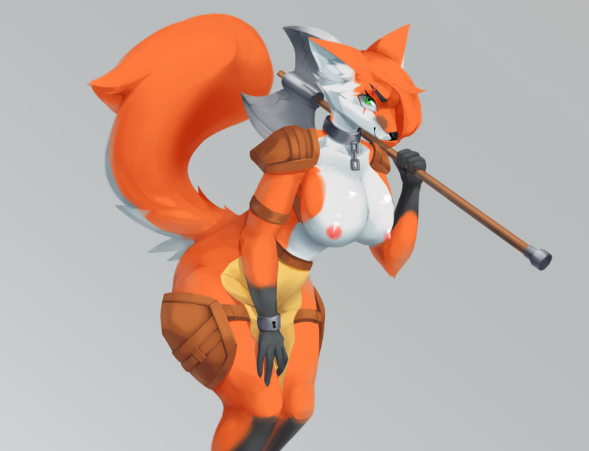 anthro axe big_tail black_body black_fur breasts canid canine chain cheek_tuft clothed clothing eye_scar facial_scar facial_tuft female fluffy fluffy_ears fluffy_tail fox fur glistening glistening_breasts green_eyes hair hi_res light_armor mammal melee_weapon nipples orange_body orange_fur painting_(artwork) scar solo straps traditional_media_(artwork) tuft undercover_bluejay weapon white_body white_fur