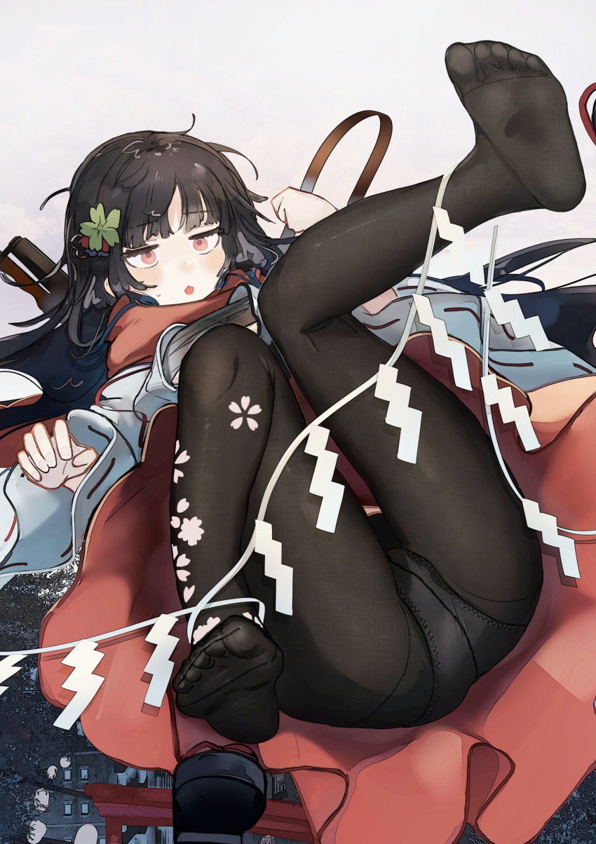 1girl absurdres ass bangs black_hair black_panties black_pantyhose blunt_bangs blush feet flower foot_up girls'_frontline grey_background hair_flower hair_ornament hands_up highres japanese_clothes kilabo legs long_hair long_legs looking_at_viewer lying miko no_shoes on_back open_mouth panties panties_under_pantyhose pantyhose pink_eyes red_scarf sandals sandals_removed scarf sidelocks soles solo thighs toes type_100_(girls'_frontline) type_100_(gunslinger_miko)_(girls'_frontline) underwear
