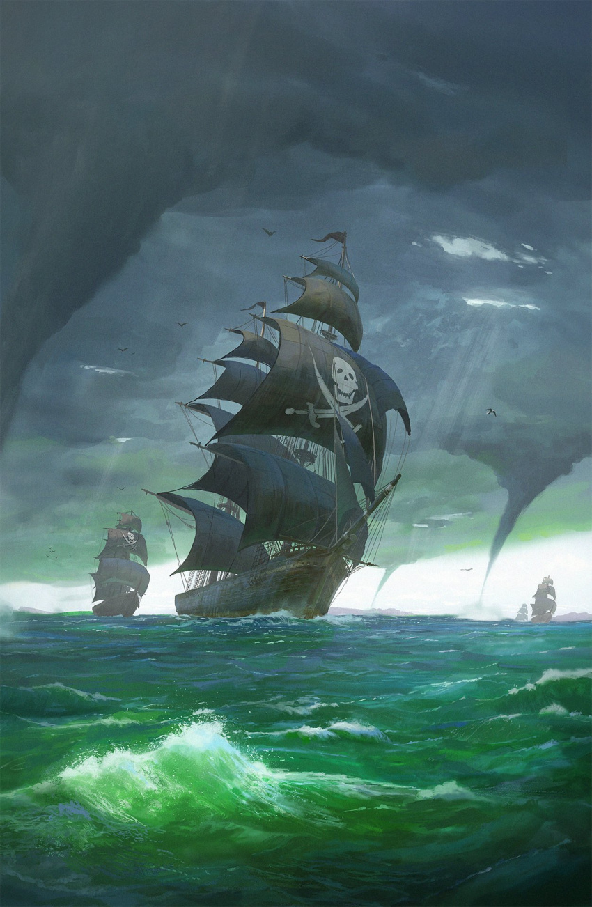 cloud cloudy_sky commentary cyclecircle dappled_sunlight english_commentary highres horizon jolly_roger no_humans ocean original outdoors pirate pirate_ship scenery skull skull_and_crossbones skull_and_crossed_swords sky storm sunlight water watercraft