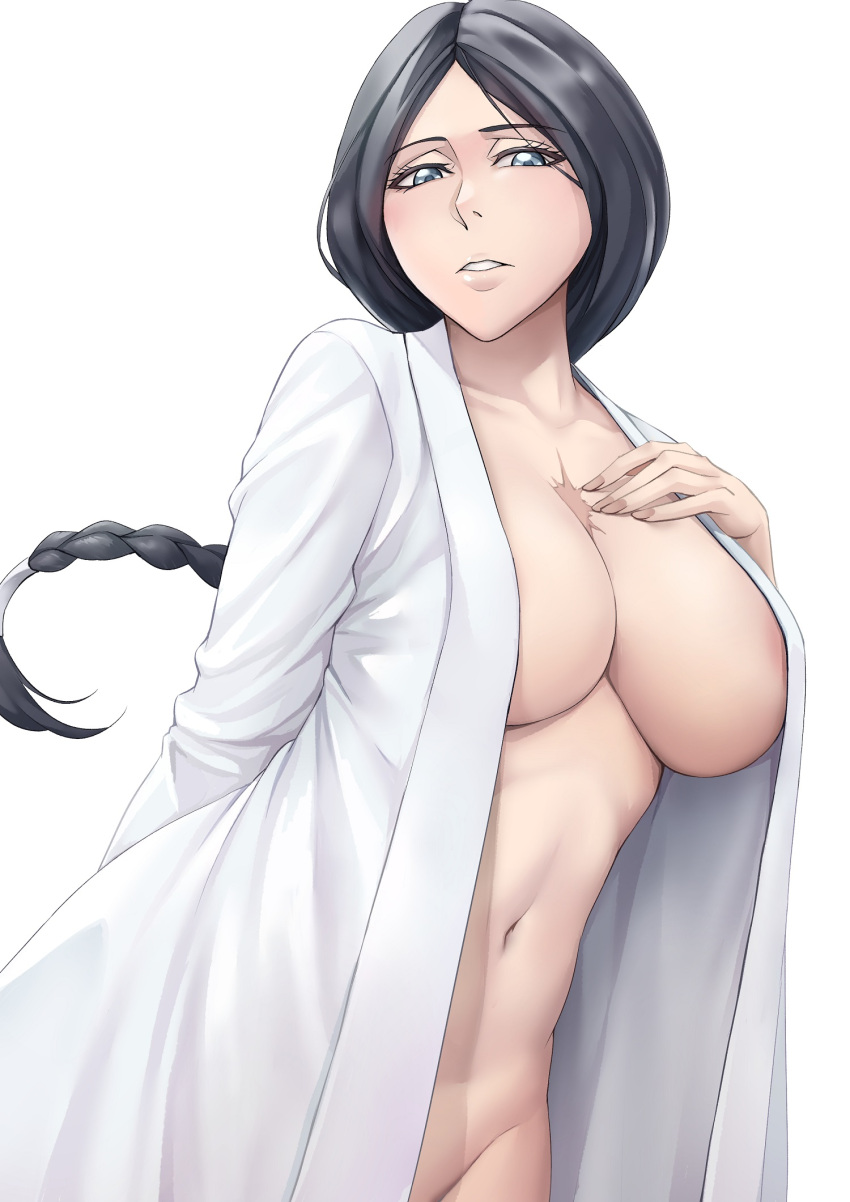 1girl black_hair bleach blue_eyes braid breasts cleavage collarbone commentary_request highres large_breasts long_hair looking_at_viewer navel open_clothes open_robe robe sakuya_(liao_kj) scar scar_on_chest single_braid solo stomach unohana_retsu white_background white_robe