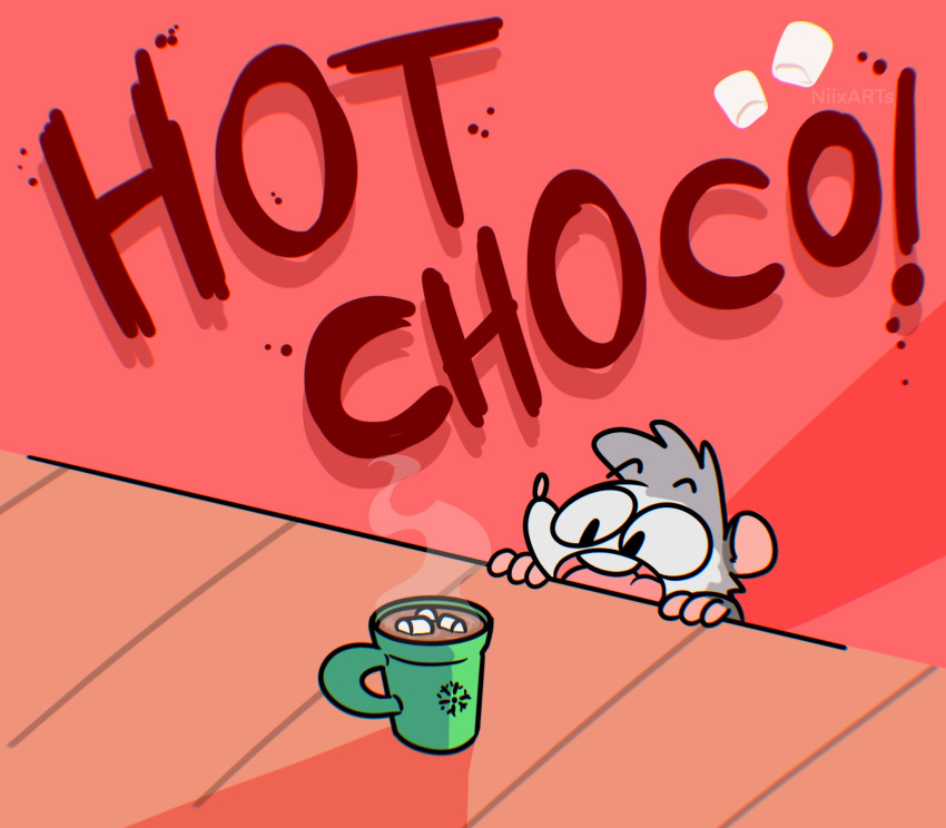 anthro beverage candy cheek_tuft chibi chocolate dessert didelphid facial_tuft food fur grey_body grey_fur hi_res hot_chocolate humor male mammal marshmallow marsupial multicolored_body multicolored_fur open_mouth pink_body pink_skin red_background roy_(the_xing1) simple_background solo the_xing1 tuft two_tone_body two_tone_fur white_body white_fur wide_eyed