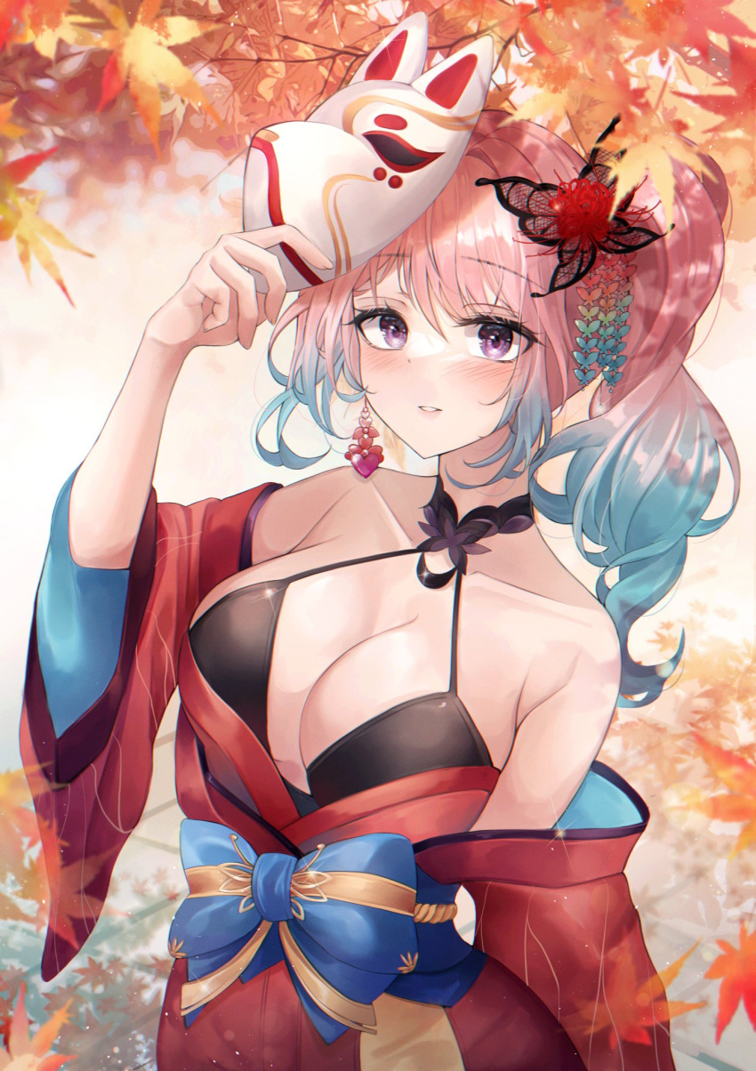1girl aqua_hair bare_shoulders blush breasts fox_mask hair_ornament highres indie_virtual_youtuber japanese_clothes kimono large_breasts looking_at_viewer mask mask_on_head mask_removed md5_mismatch multicolored_hair new_year pink_hair purple_eyes reiyu_guigui resolution_mismatch smile solo source_larger virtual_youtuber