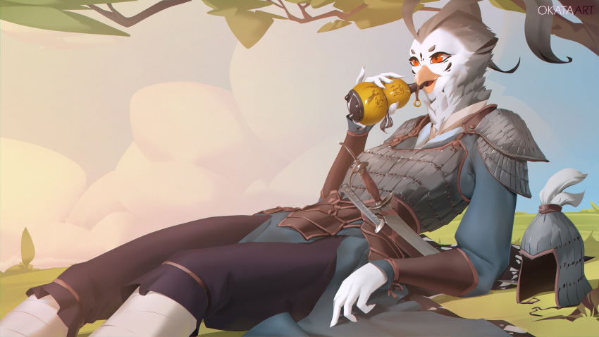 absurd_res anthro armor avian bird drinking female gourd_bottle hi_res melee_weapon okata plant reclining solo sword tree weapon