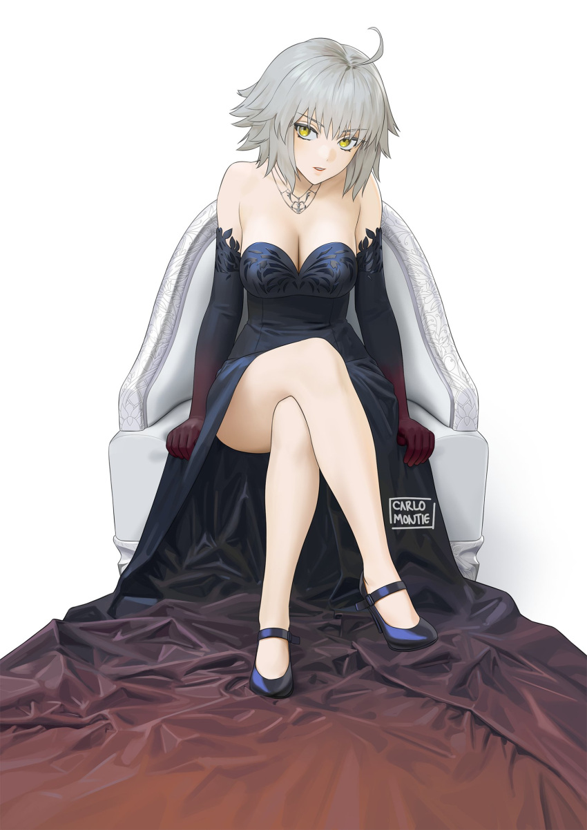 ahoge black_dress black_footwear black_gloves breasts carlo_montie chair cleavage crossed_legs dress elbow_gloves fate/grand_order fate_(series) full_body gloves grey_hair highres jeanne_d'arc_alter_(fate) jewelry long_dress looking_at_viewer medium_breasts medium_hair necklace parted_lips shoes signature simple_background sitting white_background yellow_eyes