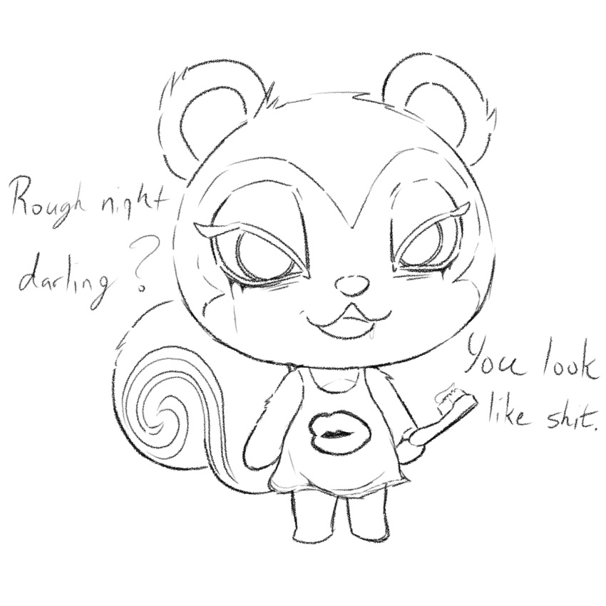 :3 animal_crossing anthro bottomless brush chibi clothed clothing dialogue female hair hi_res looking_at_viewer makeup mammal messy_fur messy_hair nintendo on_model pecan_(animal_crossing) rodent running_eyeliner running_makeup sciurid shirt shirt_only simple_background simski sketch slightly_chubby solo swirl_pattern tired_eyes toothbrush topwear topwear_only video_games white_background