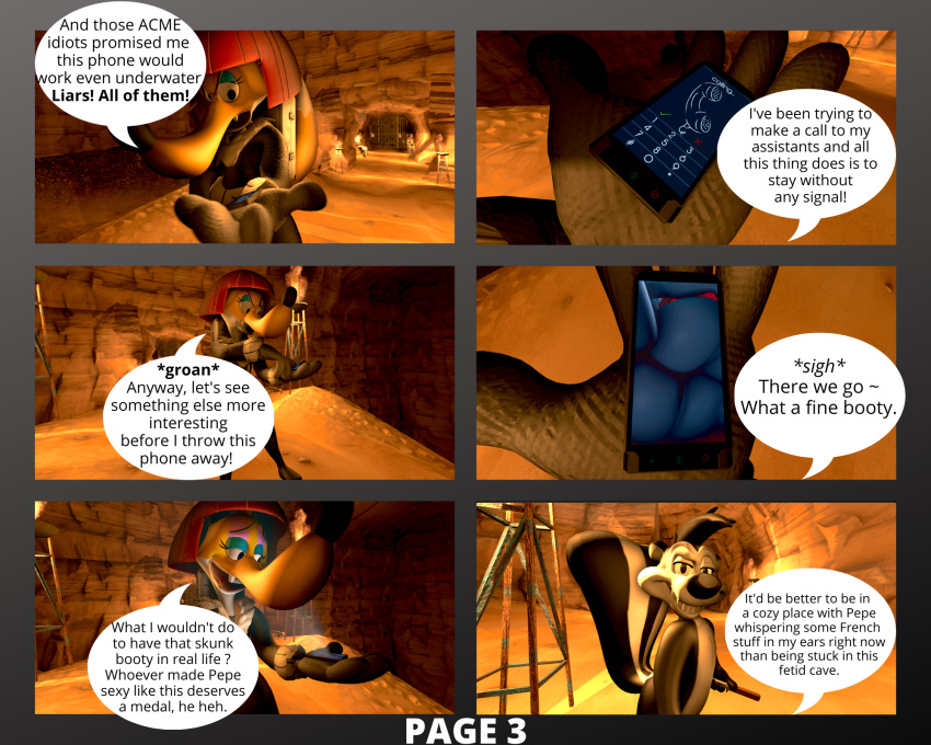 2022 3d_(artwork) 5:4 anthro big_butt black_and_white_fur black_body black_fur black_hair blue_eyeshadow butt canid canine cave claudette_dupri comic dialogue digital_media_(artwork) duo english_text exclamation_point eyeshadow female flashlight fox fur hair hi_res looney_tunes makeup male mammal mephitid multicolored_body multicolored_fur open_mouth pep&eacute;_le_pew phone question_mark red_hair skunk solo source_filmmaker speech_bubble text thecheshireguy torch warner_brothers white_body white_fur yellow_body yellow_fur