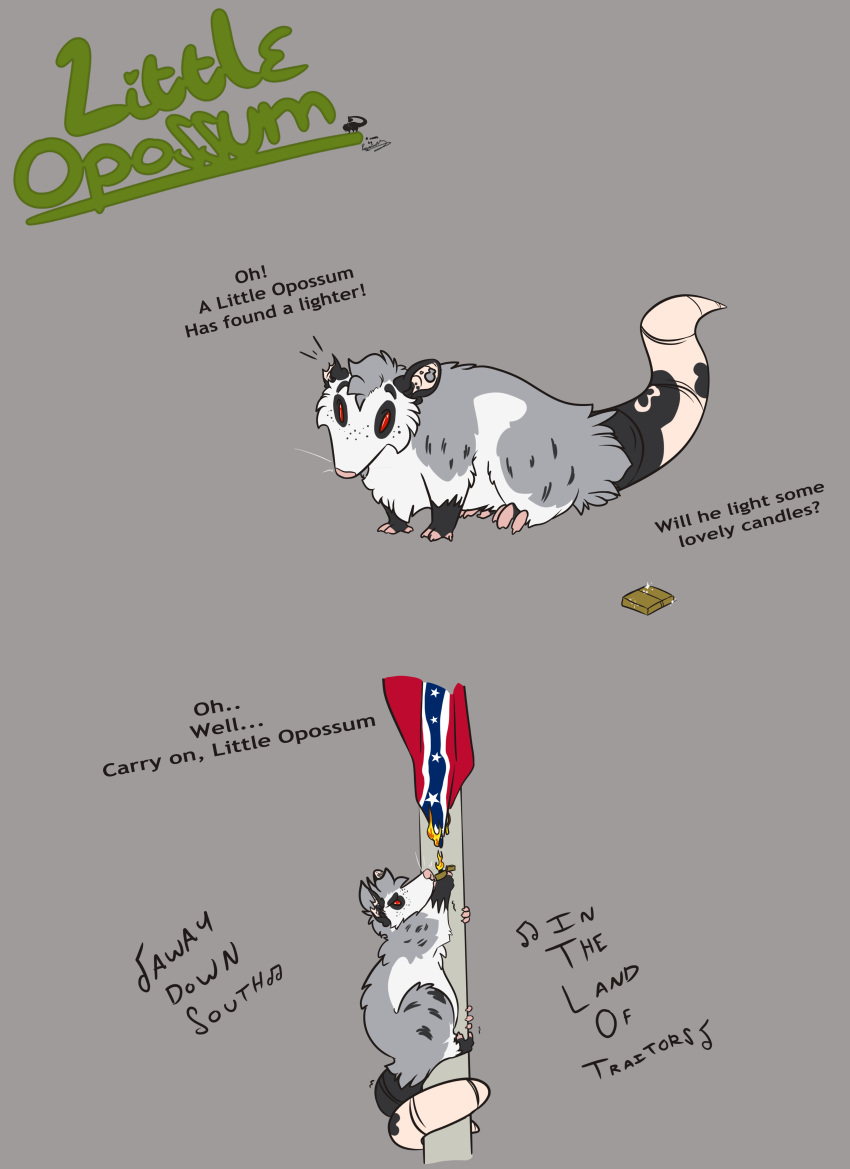 absurd_res chubby_belly climbing colored comic destruction_of_property didelphid english_text feral flag flag_burning hi_res humor lighter male mammal marsupial political_cartoon politics possumgod ryder_the_pirate_(possumgod) solo song_lyrics text thick_tail